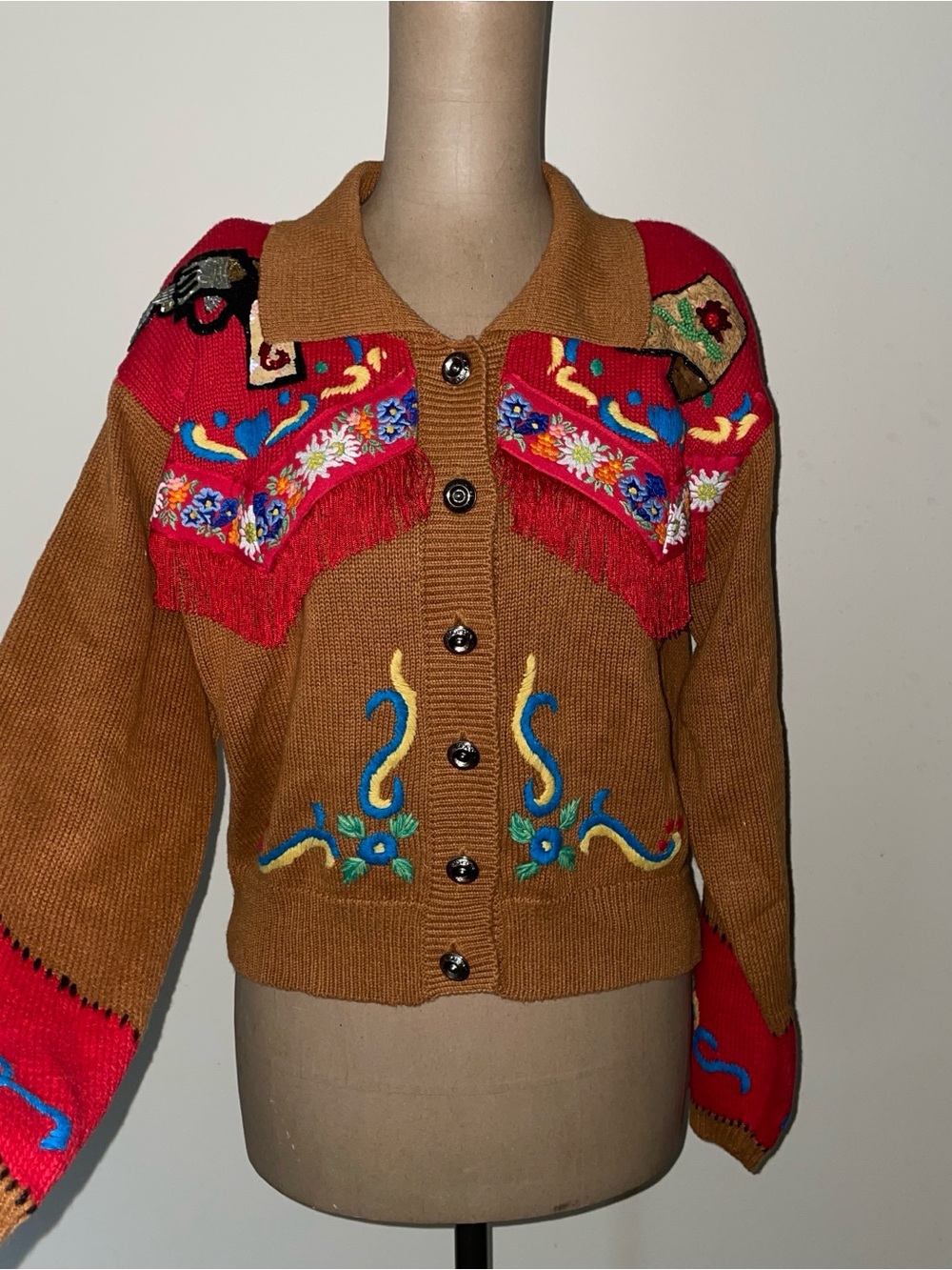 Embroidered Brown & Red Fringe Button-Up Cardigan